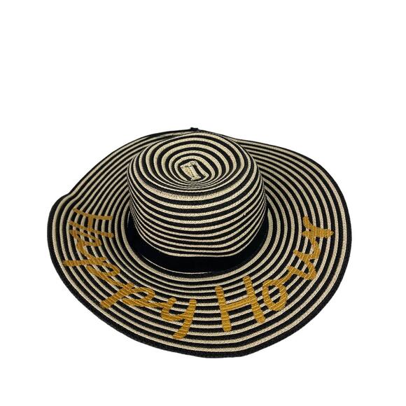 August Hat Company Black Tan Striped "Happy Hour" Floppy Sun Hat One Size - Picture 1 of 3